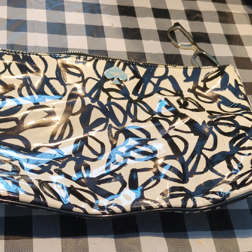 kate spade Black and White Scribble Patent Leather Wristlet Clutch